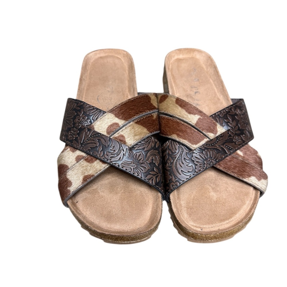 VERY G WOMENS BROWN TOOLED COW HIDE Western Boutique SANDALS Size 8 - Picture 2 of 9